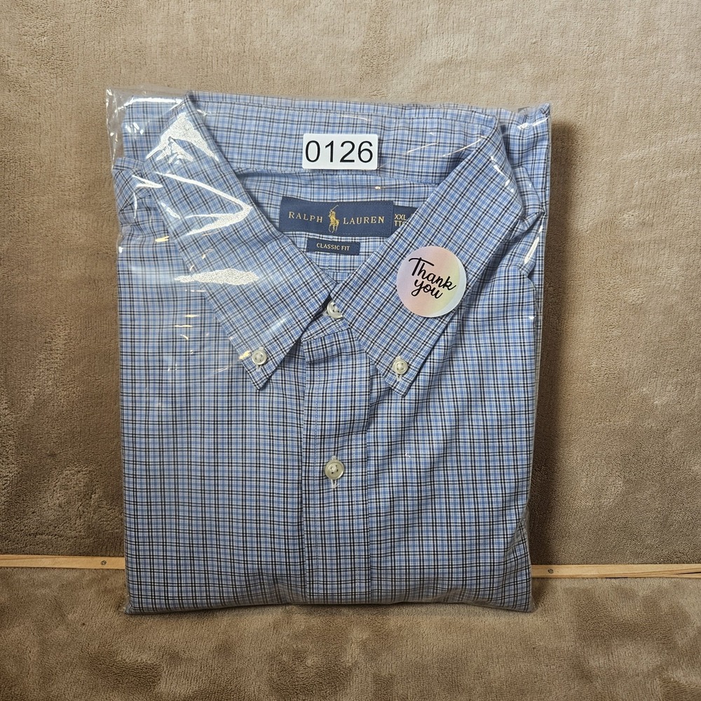 Ralph Lauren Mens XXL Classic Fit Blue Micro Check Cotton Button‎ Down Shirt - Picture 16 of 16